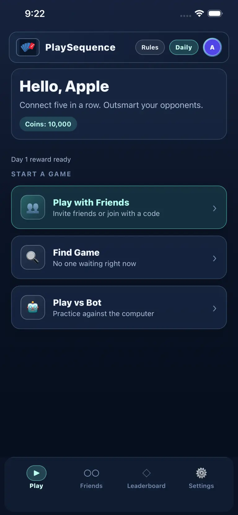 PlaySequence main menu screen
